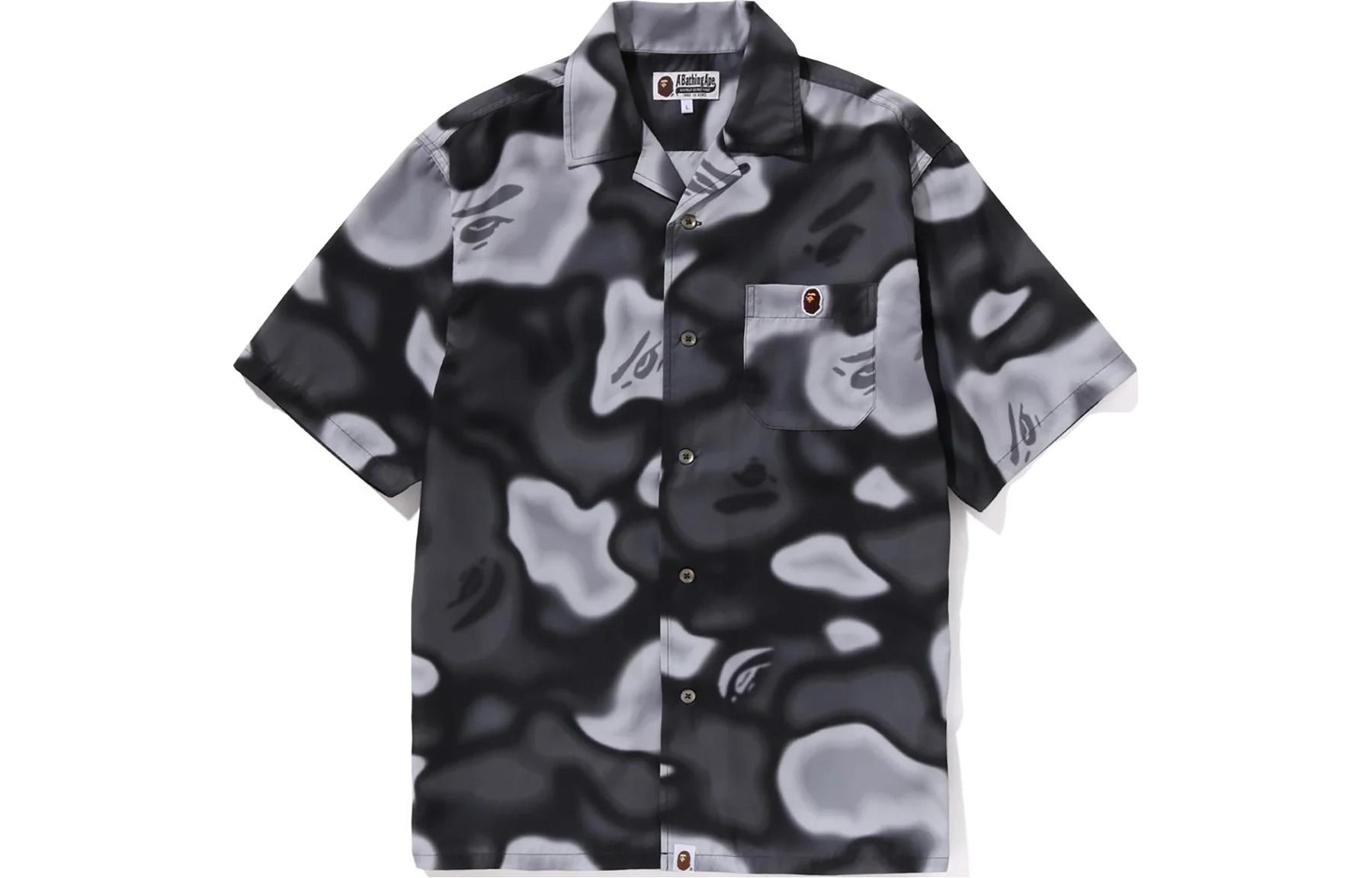 Bape A BATHING APE Liquid Camo Open Collar Button-Up Short Sleeve Shirt Men’s. 1K30-132-004