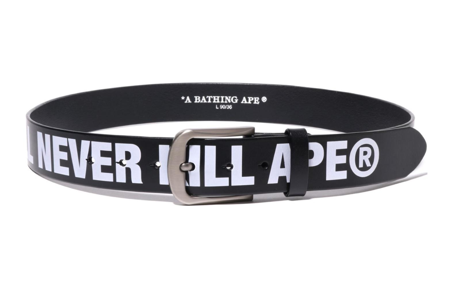 Bape A BATHING APE Logo Buckle Leather Belt Black for Men 3.8CM Wide. 1J80188003