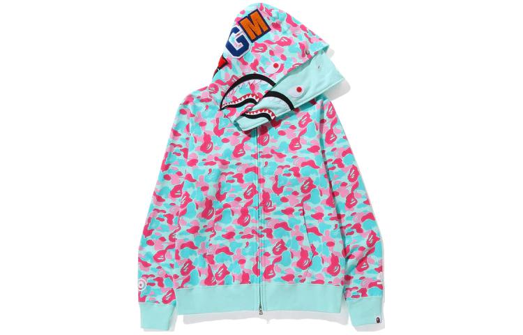 Shop Bape 邁阿密四週年迷彩鯊魚連帽衫男女款粉綠配色。 1J72115012
