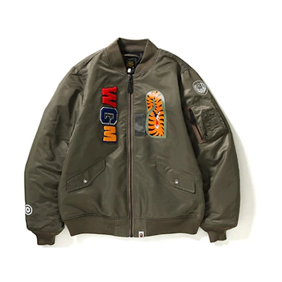 Bape A BATHING APE Shark MA-1 Jacket WGM Logo Olive Green Bomber Jacket. TBD-BAPE-5