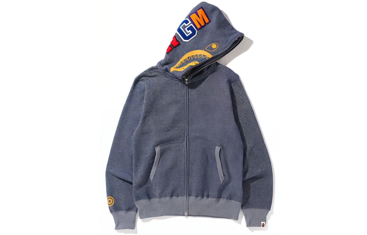 Bape A BATHING APE Shark Zip Hoodie Navy Blue Unisex Couple Embroidered Sweatshirt. 0ZXSWM115002E