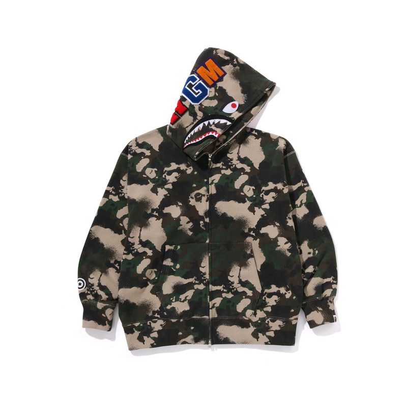 Bape A BATHING APE SS25 Graffiti Camo Shark Hoodie . 0ZXSWM001151O