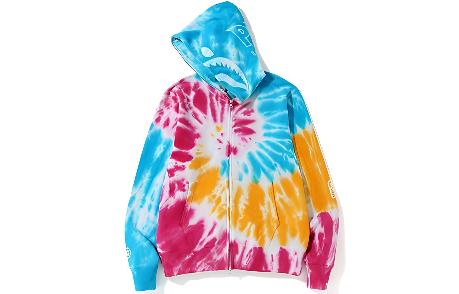Bape A BATHING APE Tie Dye Shark Full Zip Hoodie Unisex Colorful Sweatshirt. 1F30-115-019