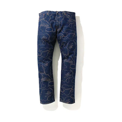 Bape A BATHING APE Levi's Camo 501 '93 Model Selvedge Denim Jeans Navy . 1H23-152-909