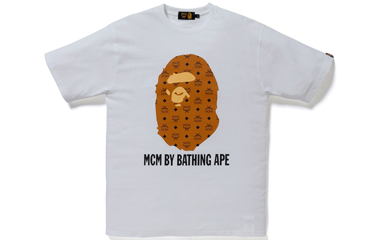 BAPE A BATHING APE x MCM Ape Head Logo White T-Shirt Mens Brown Logo Collaboration 1F73-110-909 Brown