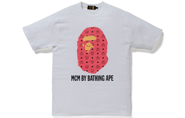 Bape A BATHING APE MCM Pink Ape Head Graphic Tee White  T-Shirt. 1F73-110-909