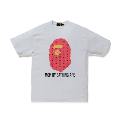 Bape A BATHING APE MCM Pink Ape Head Graphic Tee White T-Shirt. 1F73-110-909