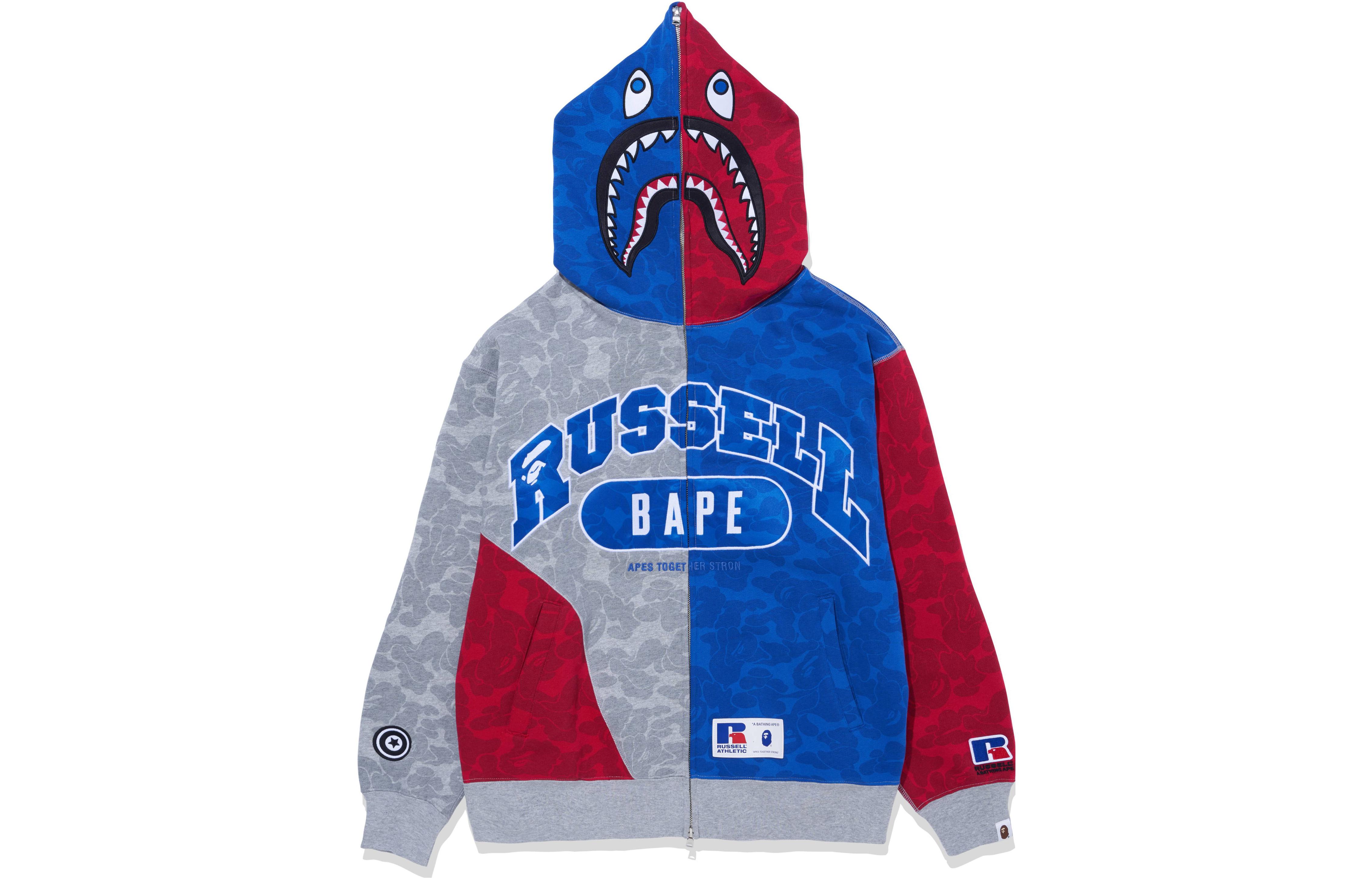 Bape A BATHING APE Russell Athletic FW23 Shark Colorblock Hoodie Unisex Multicolor. 1J73-115-906