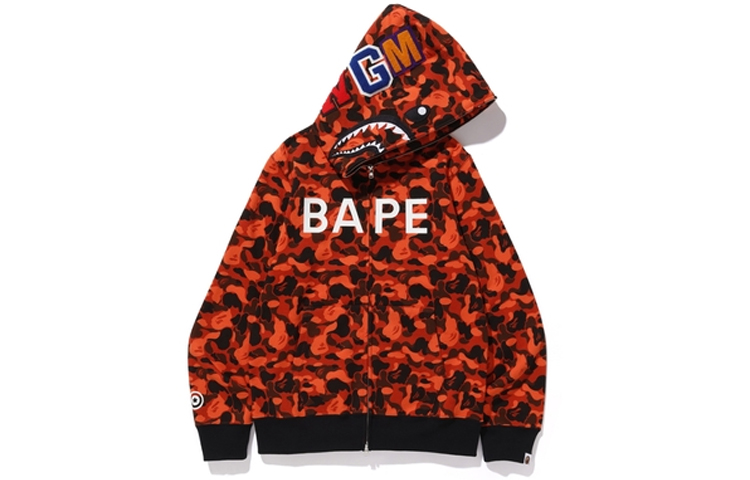 Bape A BATHING APE XO Camo Shark Full Zip Hoodie Orange Black Mens. 1F73-115-925