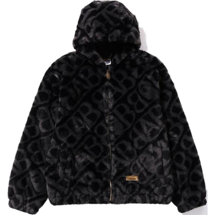 BAPE Black Full-Zip Hoodie Jacket with Allover Letter Print 1J80-141-051