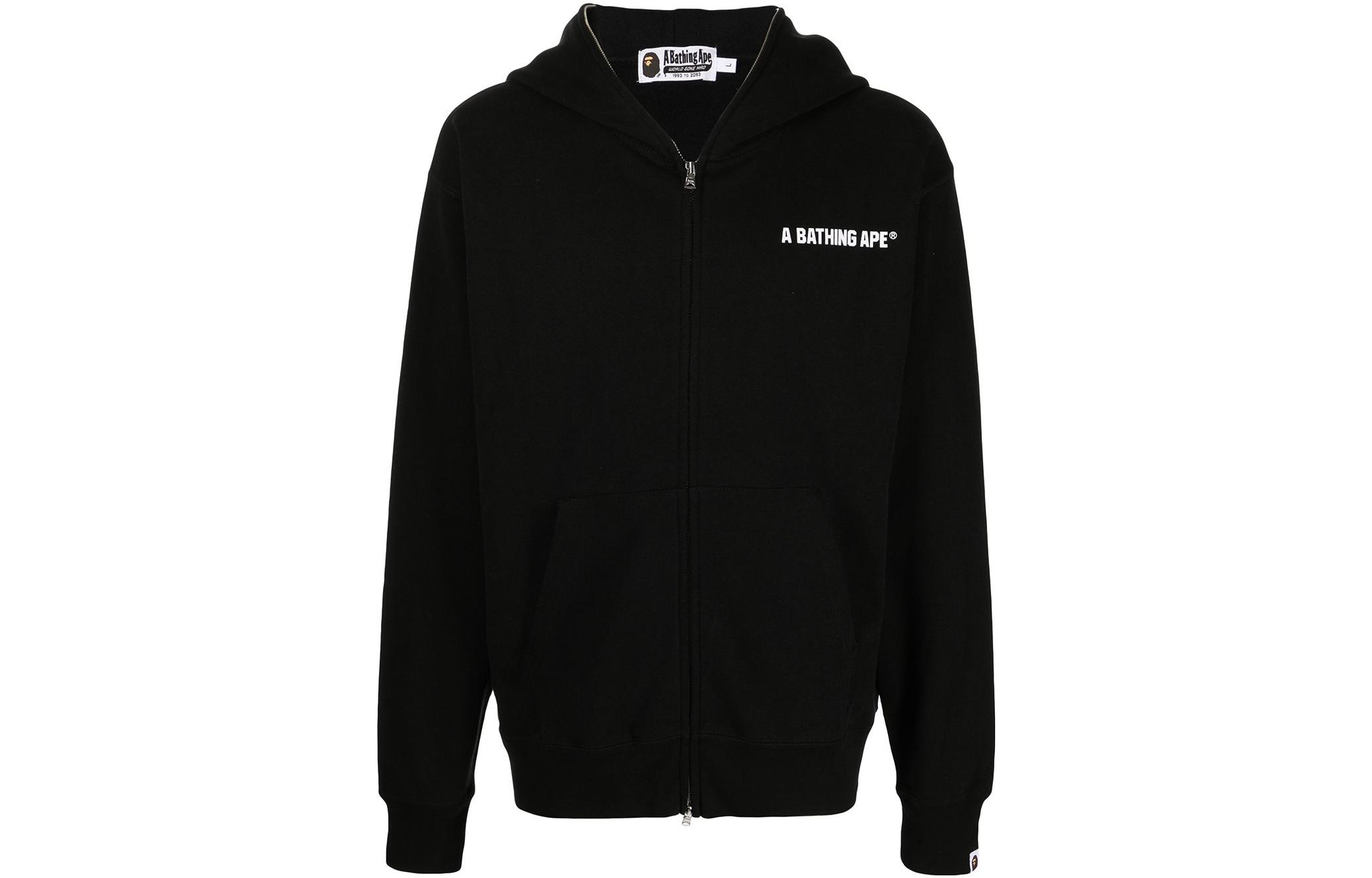 BAPE Black Letter Print Zip-Up Hoodie with Kangaroo Pocket 001ZPH701001I