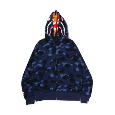BAPE Blue Loose Fit Zip-Up Hoodie with Animal Pattern 1K30-114-002