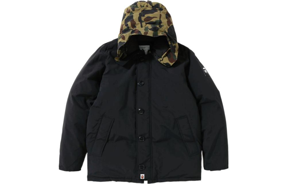 BAPE Camo Patchwork Fur Hooded Down Jacket Black (). 0ZXDNM141010D