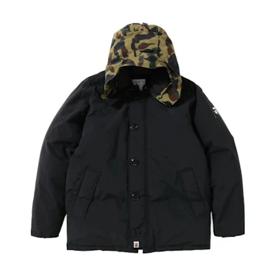 BAPE Camo Patchwork Fur Hooded Down Jacket Black (). 0ZXDNM141010D