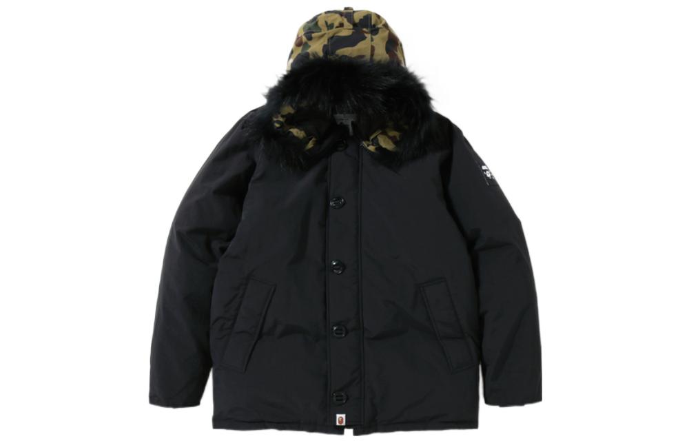 BAPE Camo Patchwork Fur Hooded Down Jacket Black (). 0ZXDNM141010D 圖 3