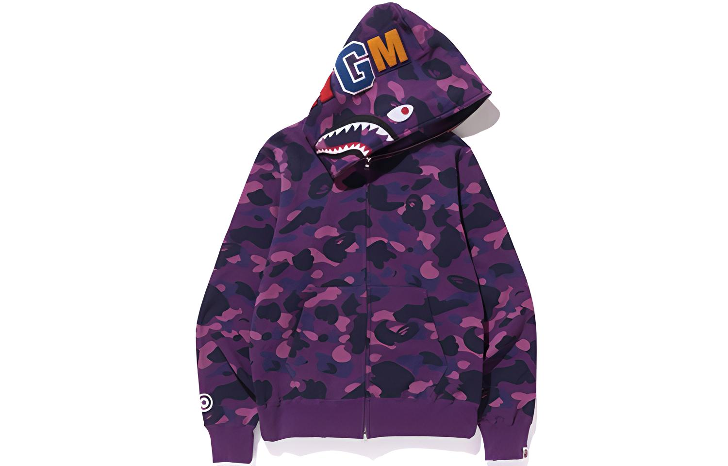 BAPE Color Camo Shark Full Zip Hoodie WGM Logo Purple Camo Sweatshirt 1E30-115-006PURPLE