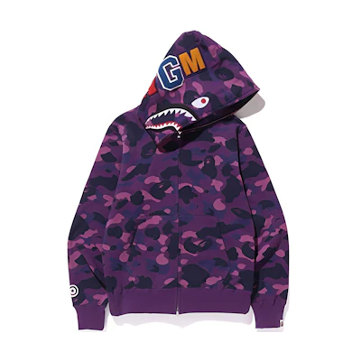 BAPE Color Camo Shark Full Zip Hoodie WGM Logo Purple Camo Sweatshirt 1E30-115-006PURPLE