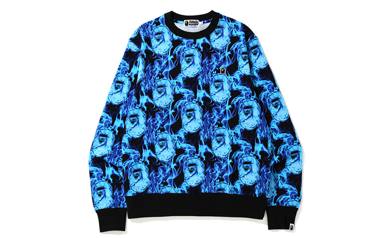 BAPE Flame Wide Crewneck Sweatshirt Unisex Stylish Graphic Design. 0ZXSWM113010E