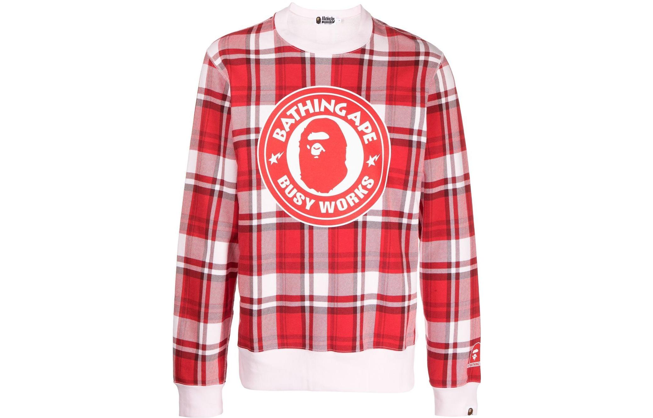 BAPE FW22 Ape Head Plaid Logo Print Crewneck Sweatshirt Red () 0ZXSWMX13002IRDX
