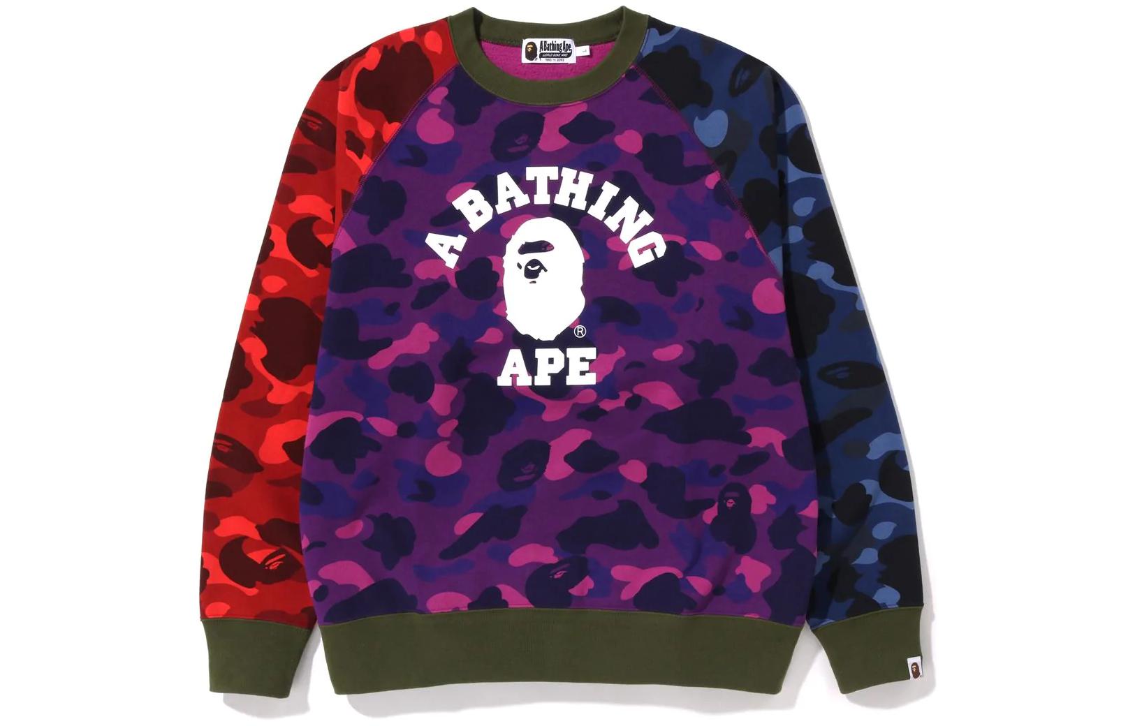 BAPE FW22 Crazy Camo Relaxed Fit College Crewneck Logo Sweatshirt Multicolor 1I80-113-009