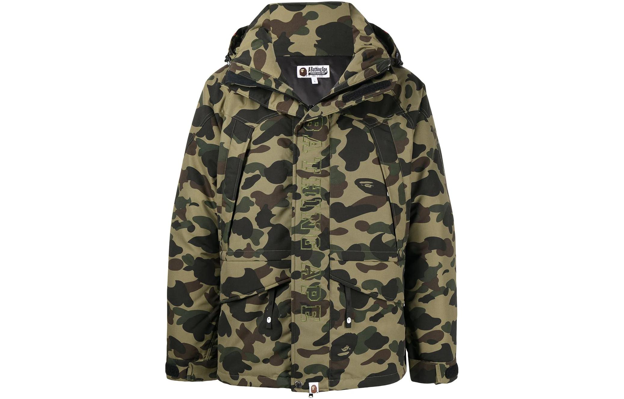 BAPE FW22 Green Camo Print Puffer Long Sleeve Hoodie Jacket 001HJH801010