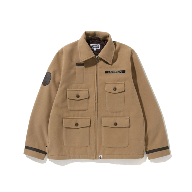 BAPE FW22 Melton Relaxed Fit Zip Jacket Leather Panel Wool Coat 0ZXLJM140012J