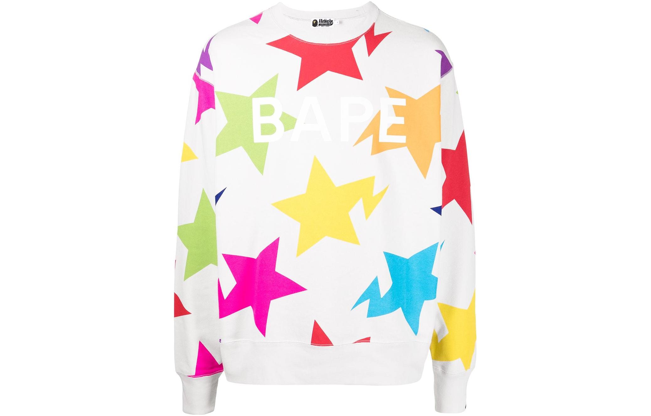 BAPE FW22 White Star Print Crewneck Long Sleeve Sweatshirt 001SWH801009M