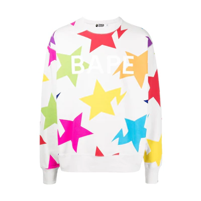 BAPE FW22 White Star Print Crewneck Long Sleeve Sweatshirt 001SWH801009M