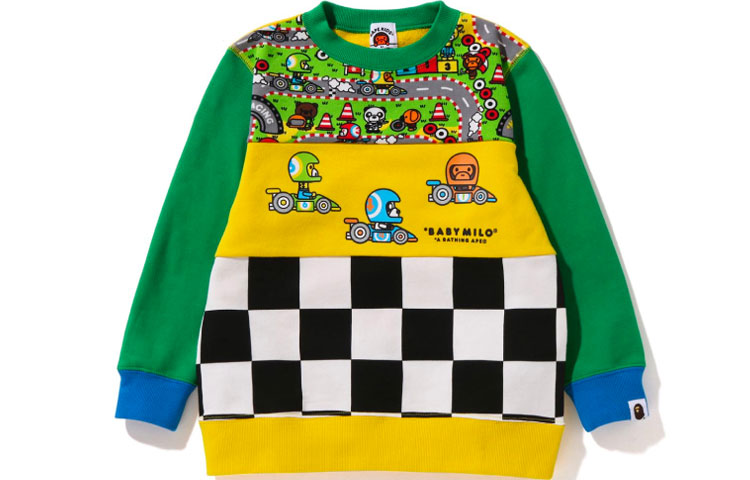 BAPE Kids SS22 Baby Milo Animal Racing Checkered Print Pullover Crewneck Sweatshirt 0ZXSWK313005I
