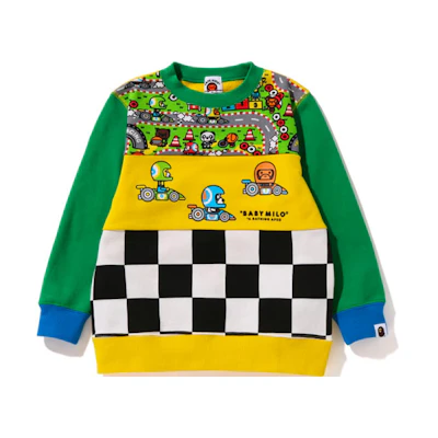 BAPE Kids SS22 Baby Milo Animal Racing Checkered Print Pullover Crewneck Sweatshirt 0ZXSWK313005I