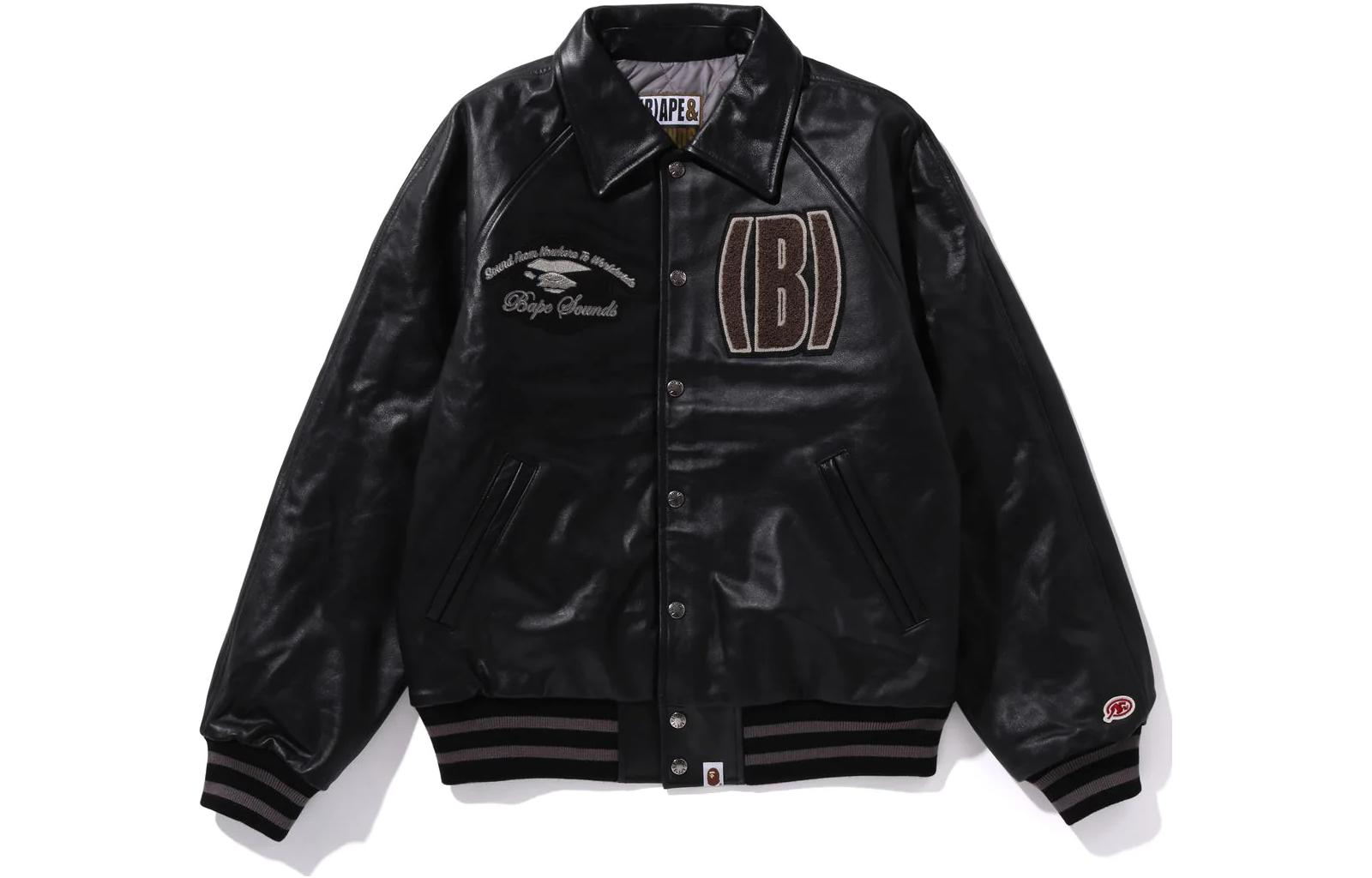 BAPE Leather Varsity Jacket Letter Print Long Sleeve Outerwear 1J80-141-002