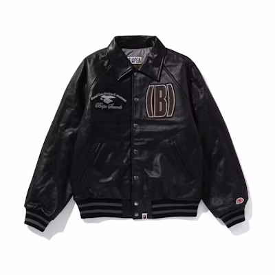 BAPE Leather Varsity Jacket Letter Print Long Sleeve Outerwear 1J80-141-002
