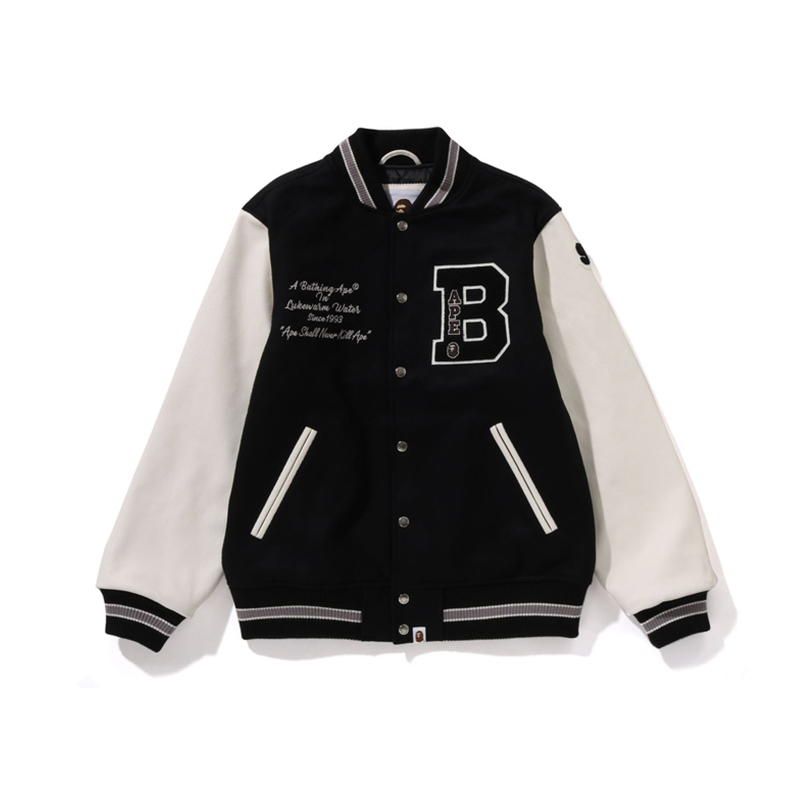 BAPE Letter Embroidery Leather Sleeve Patchwork Jacket 0ZXJKM141001N