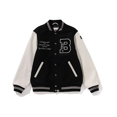 BAPE Letter Embroidery Leather Sleeve Patchwork Jacket 0ZXJKM141001N