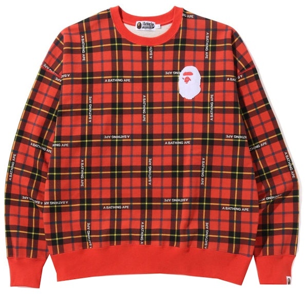 bape-logo-check-loose-fit-crewneck-red