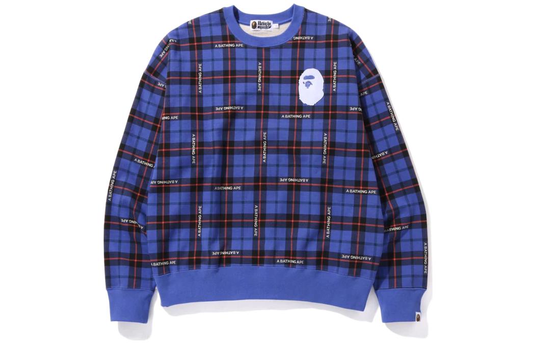 BAPE Logo Check Loose Fit Crewneck Sweatshirt Ape Head Plaid Series 1I30-113-002
