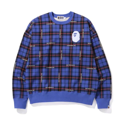 BAPE Logo Check Loose Fit Crewneck Sweatshirt Ape Head Plaid Series 1I30-113-002