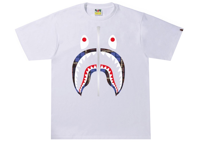 Buy BAPE 鯊魚標誌格紋短袖T恤 白色/藍色