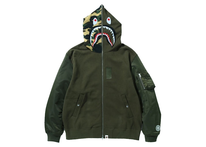 Buy BAPE 軍事鯊魚寬鬆版全拉鍊連帽外套 '橄欖綠'