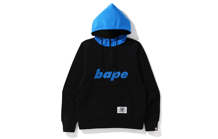 BAPE Mix Material Half Zip Pullover Hoodie Letter Print Unisex 0ZXSWM114002D