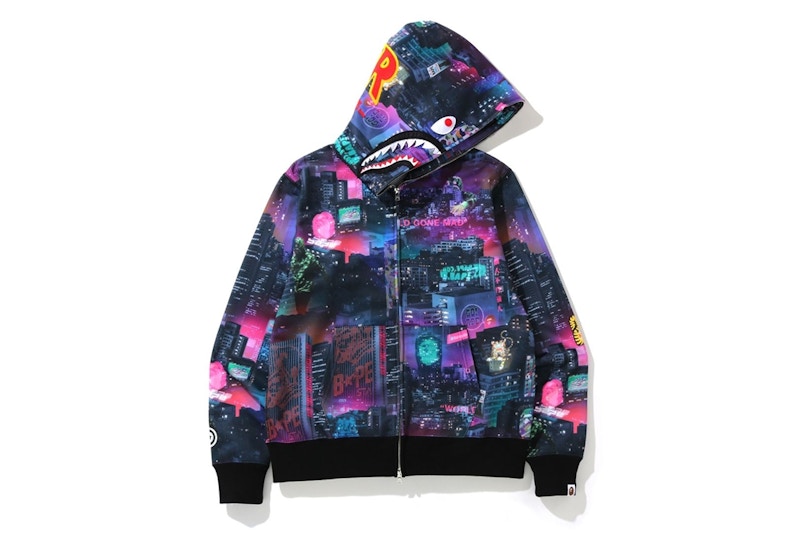 Buy BAPE 東京霓虹鯊魚寬鬆全拉鏈連帽衫 黑色