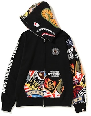 Hoodie Zip Penuh Bape Patched Shark Warna Hitam Order Hoodie Zip Penuh Bape Patched Shark Warna Hitam