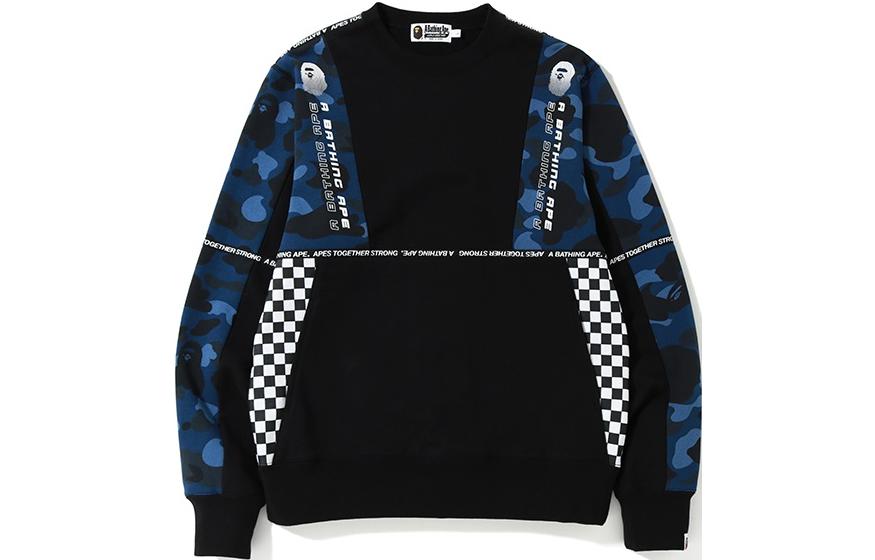 BAPE Plaid Patchwork Long Sleeve Sweatshirt with Ape Logo Print 0ZXSWM113007D