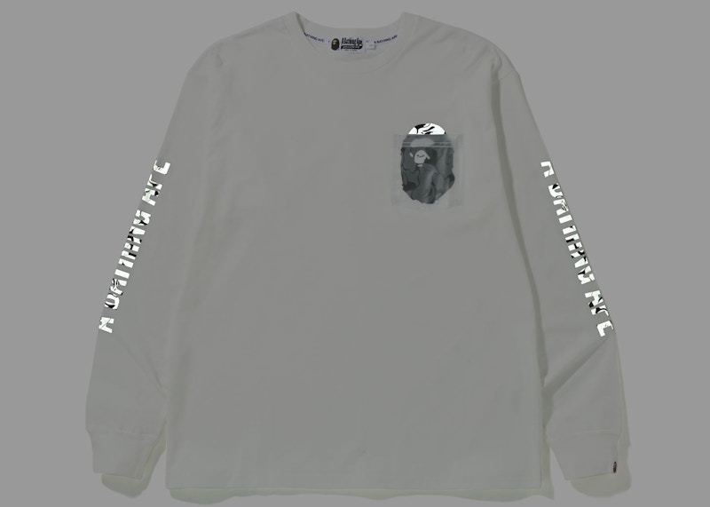 Lookbook BAPE 反光迷彩猿人頭休閒口袋長袖T恤 '白色'