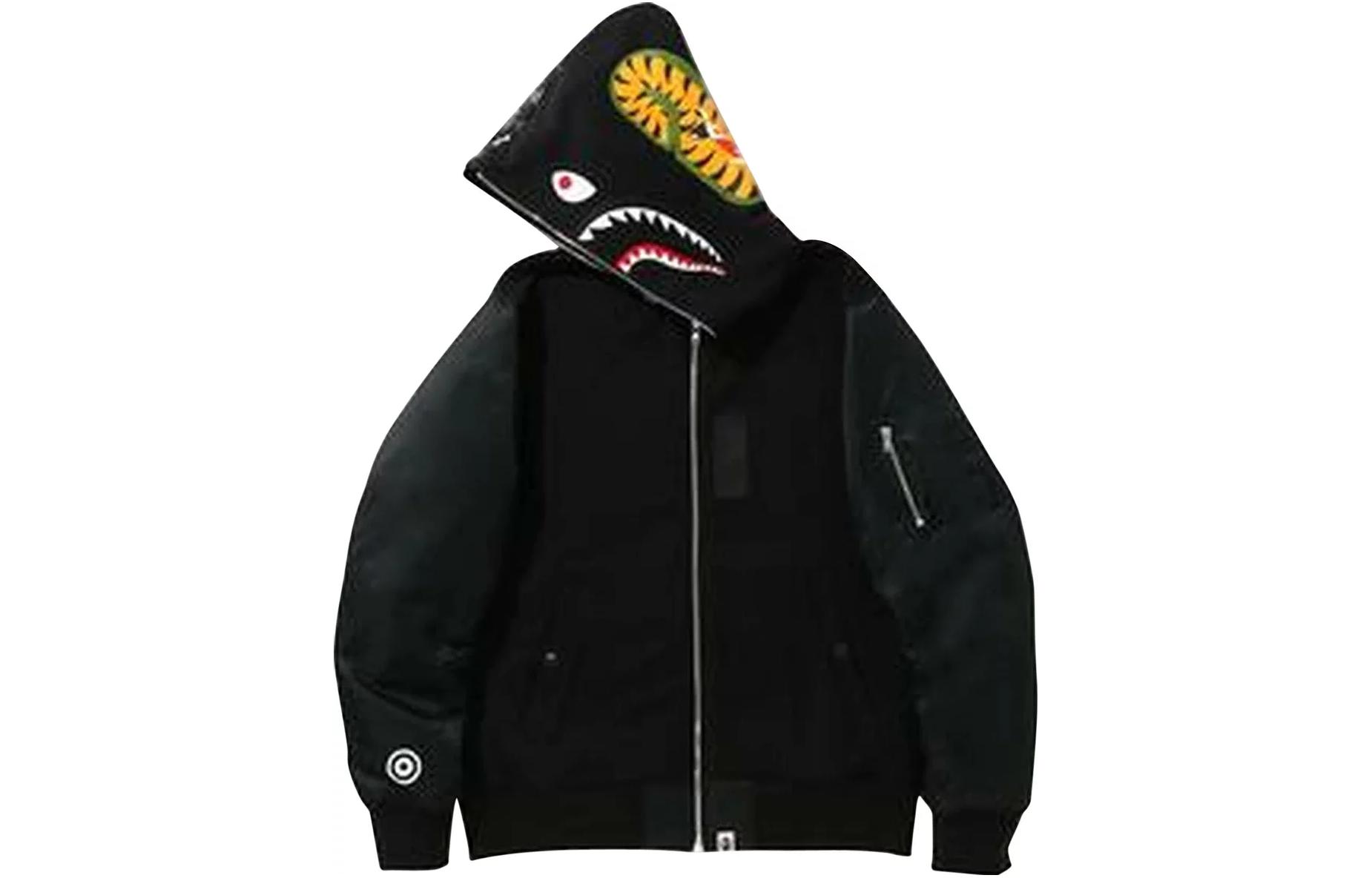 BAPE Shark Print Zipper Hoodie Unisex Black Long Sleeve 1G80-115-005