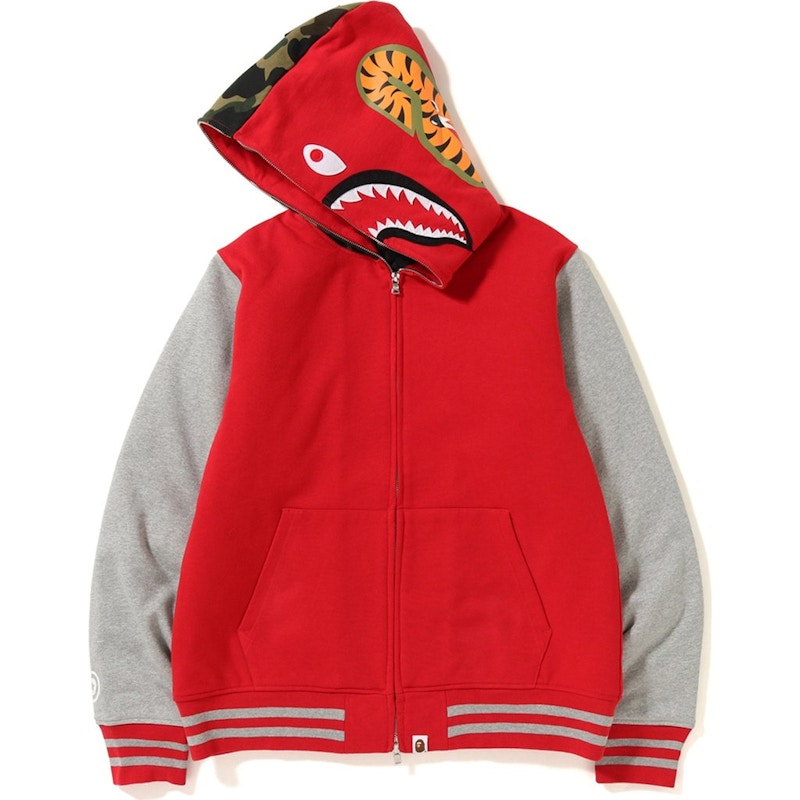 Bape Shark Sweat Varsity Hoodie Jacket Red Grey 圖 2