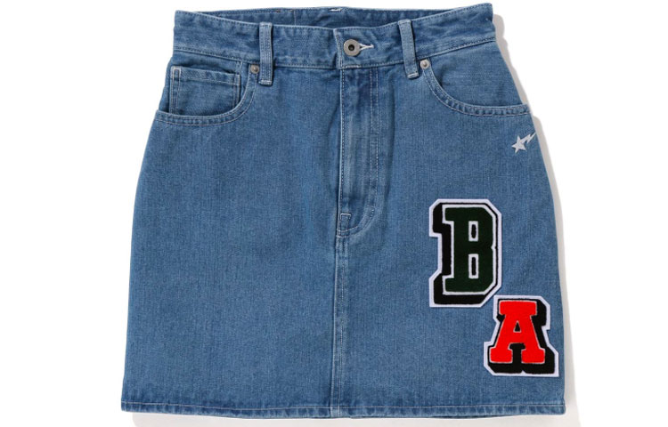 BAPE SS22 Denim Skirt with STA Star Embroidery and Letter Patches Blue. 0ZXSKW254001I
