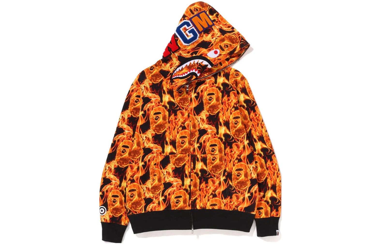 BAPE SS23 Flame Shark Full Zip Hoodie Letters Patch Embroidery Design 1I70-115-008
