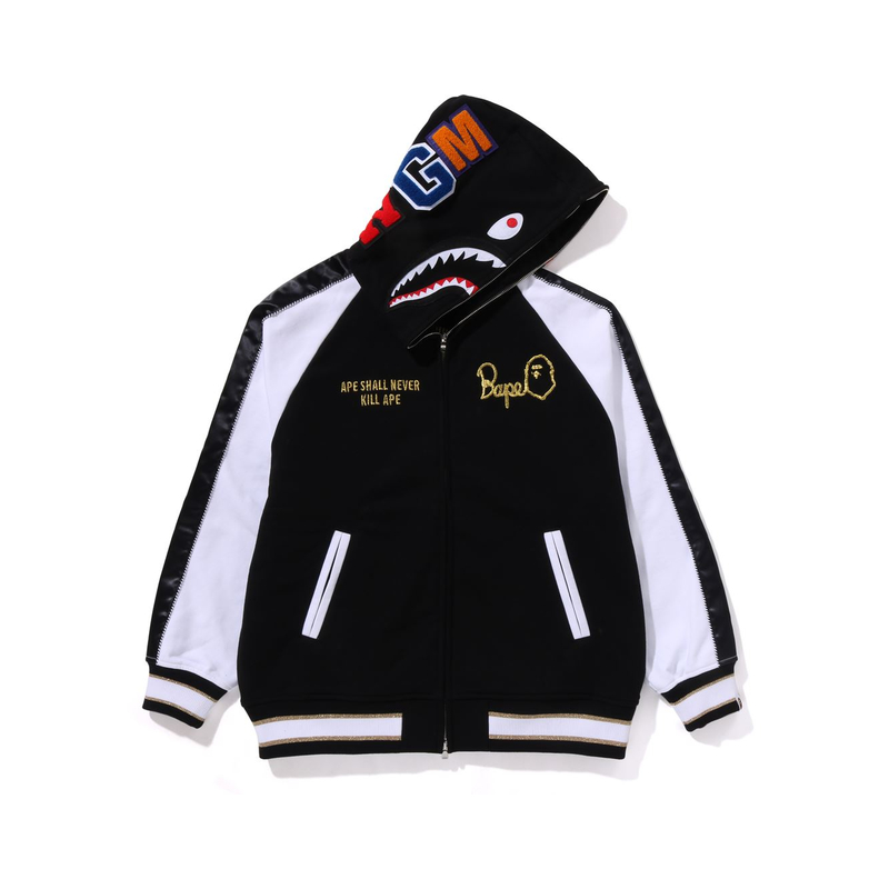 BAPE SS24 Embroidered Shark Colorblock Zip Hoodie Men’s Black 1K30-115-308