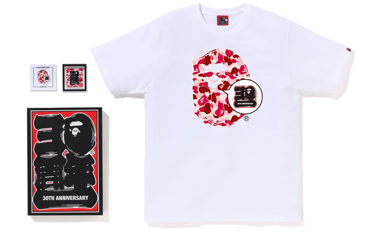 BAPE Store Maebashi 30th Anniversary Ape Print Short Sleeve White Red T-Shirt Set. 1J22-110-025